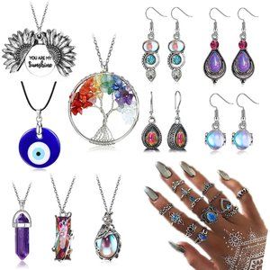 NEW 23 Pcs Crystal Jewelry Set for Women Life Tree Necklace Chakra Evil …